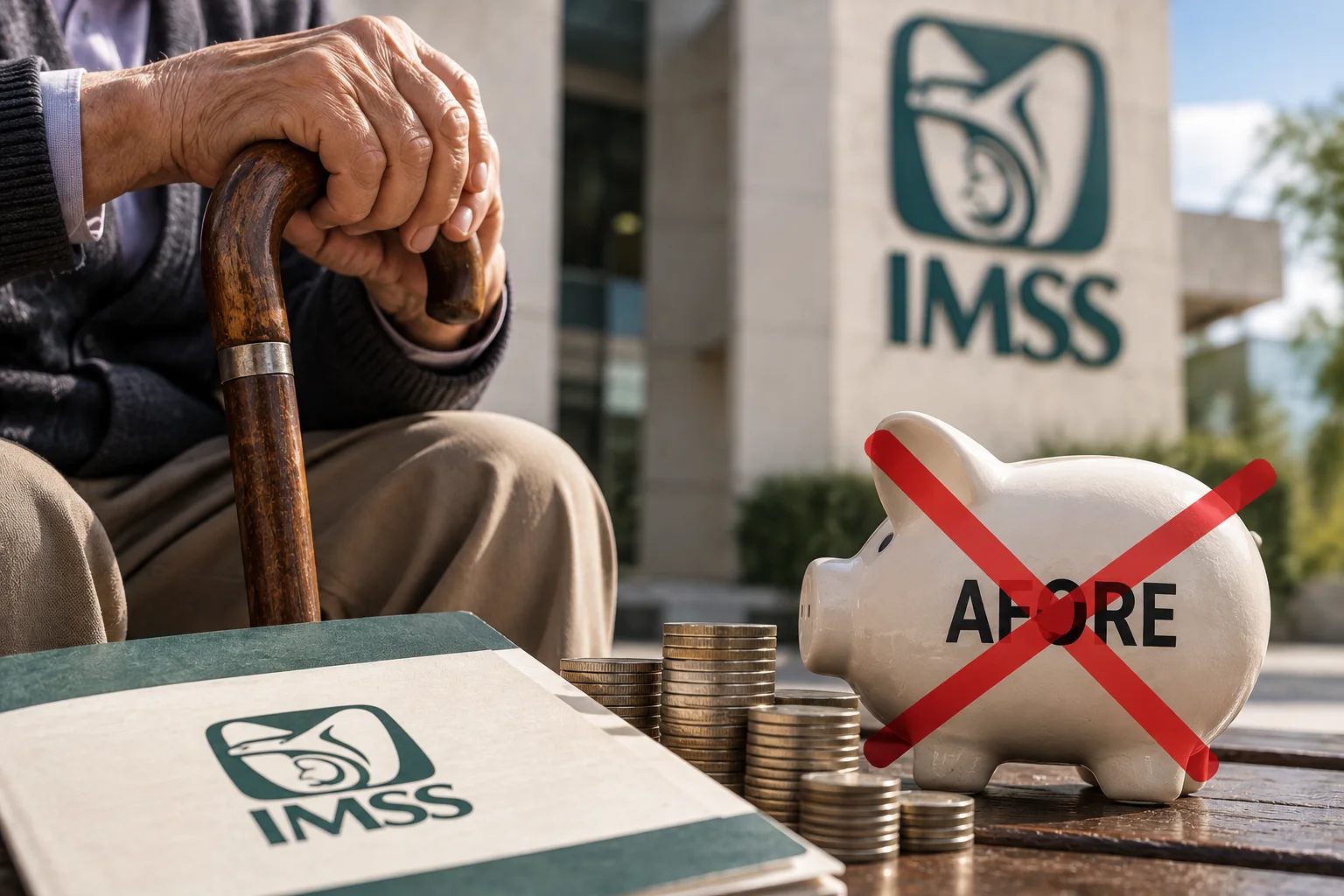 Persona jubilada con bastón frente a un edificio del IMSS, con monedas y una alcancía con la palabra Afore tachada.