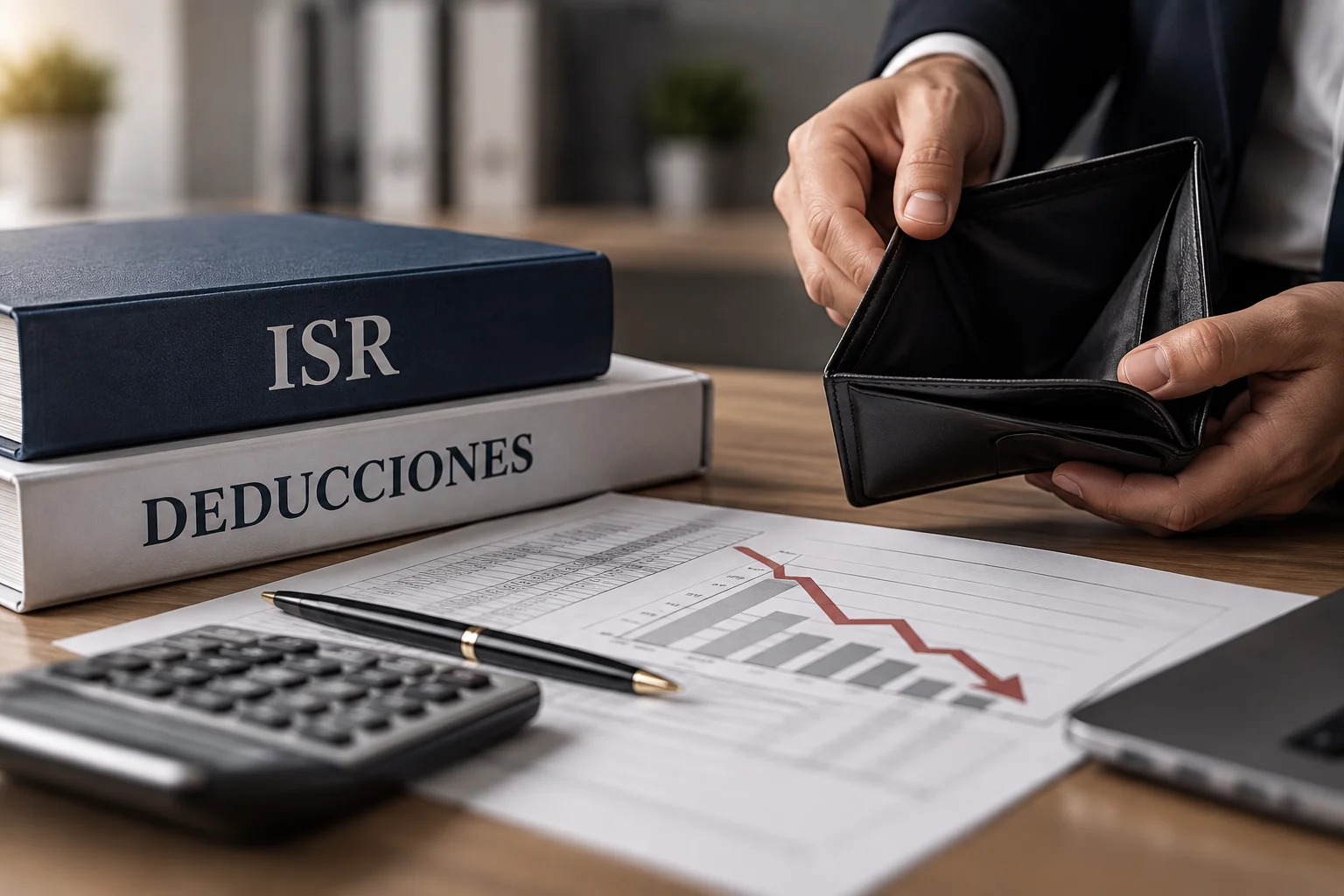 Persona muestra una cartera vacía junto a libros de ISR y deducciones, una calculadora y una gráfica con tendencia a la baja.
