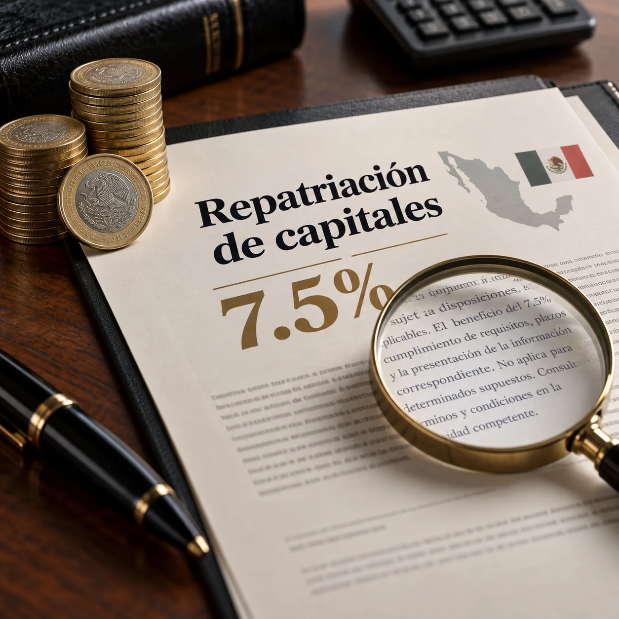 Documento con el título Repatriación de capitales y la cifra 7.5%, revisado con una lupa junto a monedas mexicanas sobre un escritorio.