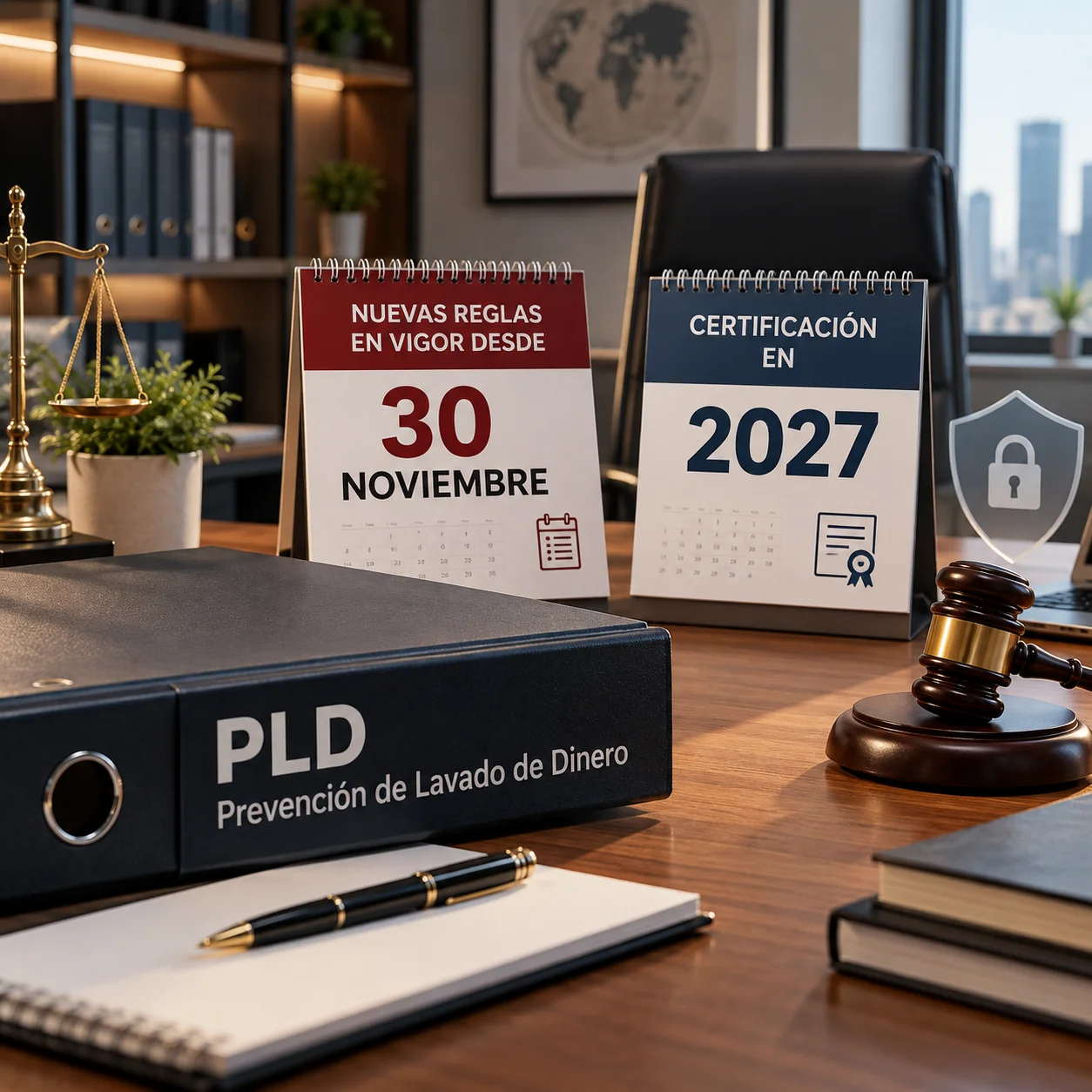 Lupa sobre un expediente de cumplimiento con un calendario, ilustrando la certificación PLD y las nuevas reglas de noviembre