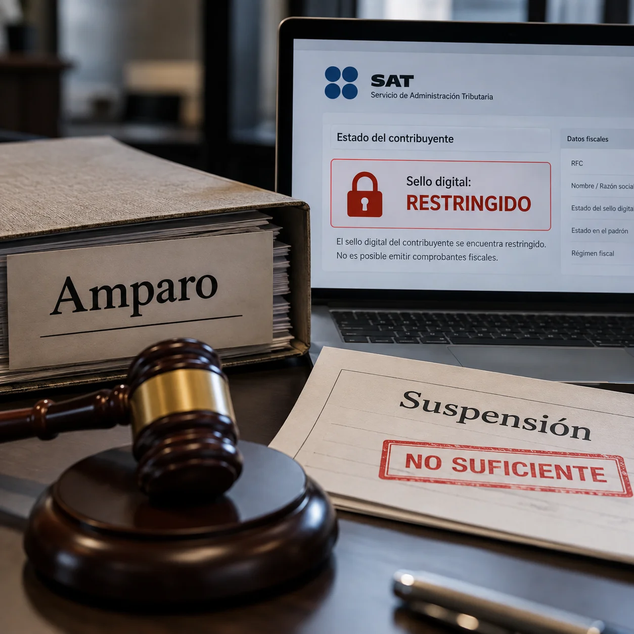 Sello digital bloqueado sobre una factura electrónica, que ilustra la restricción del certificado por el SAT