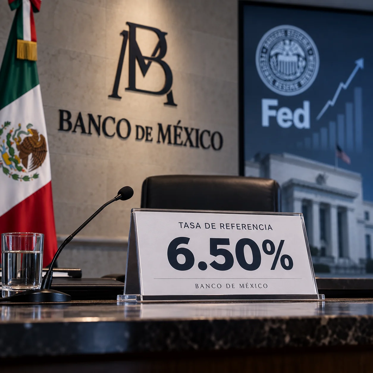 Edificio de un banco central con un tablero que muestra la tasa de interés de 6.50%