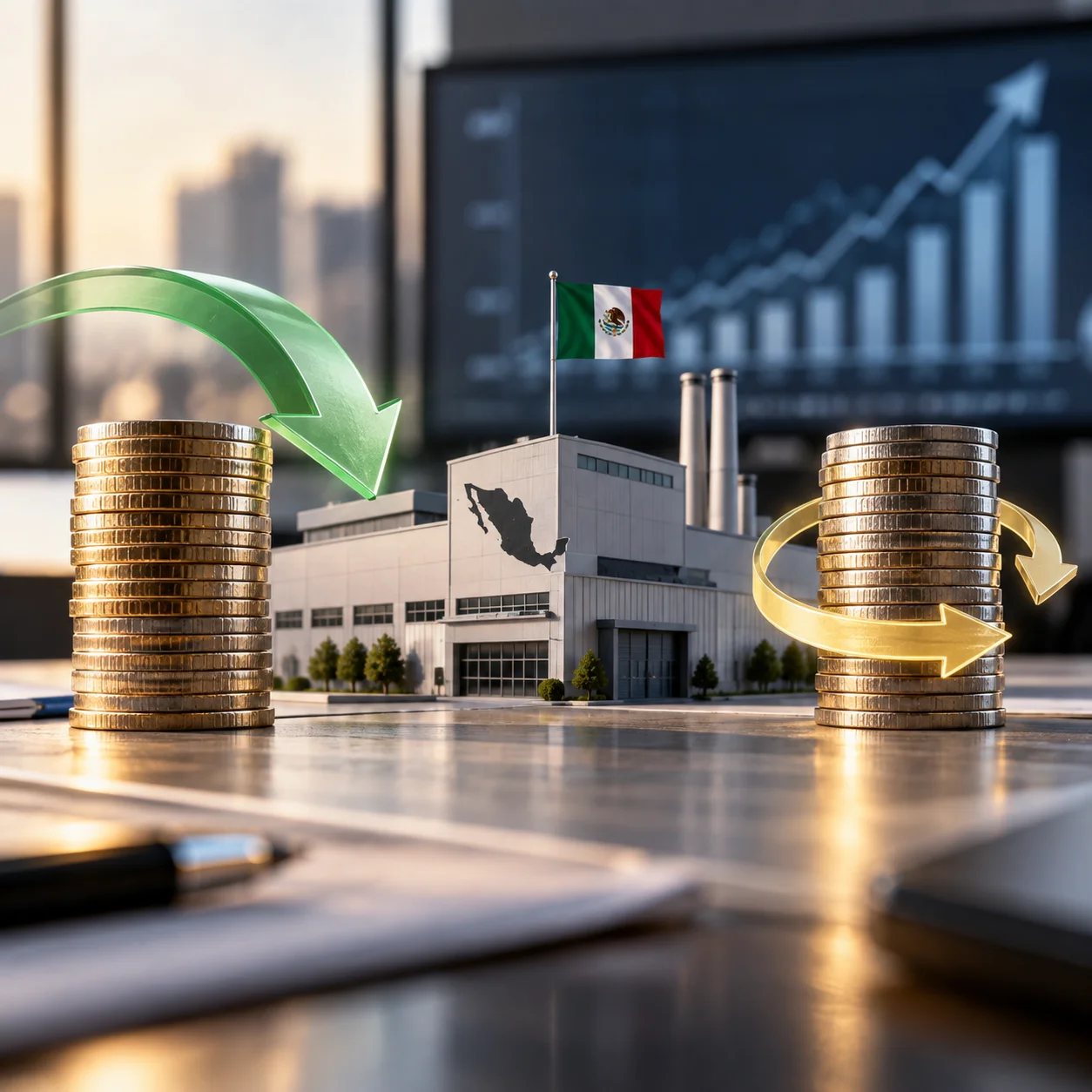 Fábrica moderna con contenedores y gráficas de inversión, que ilustra la inversión extranjera directa en México